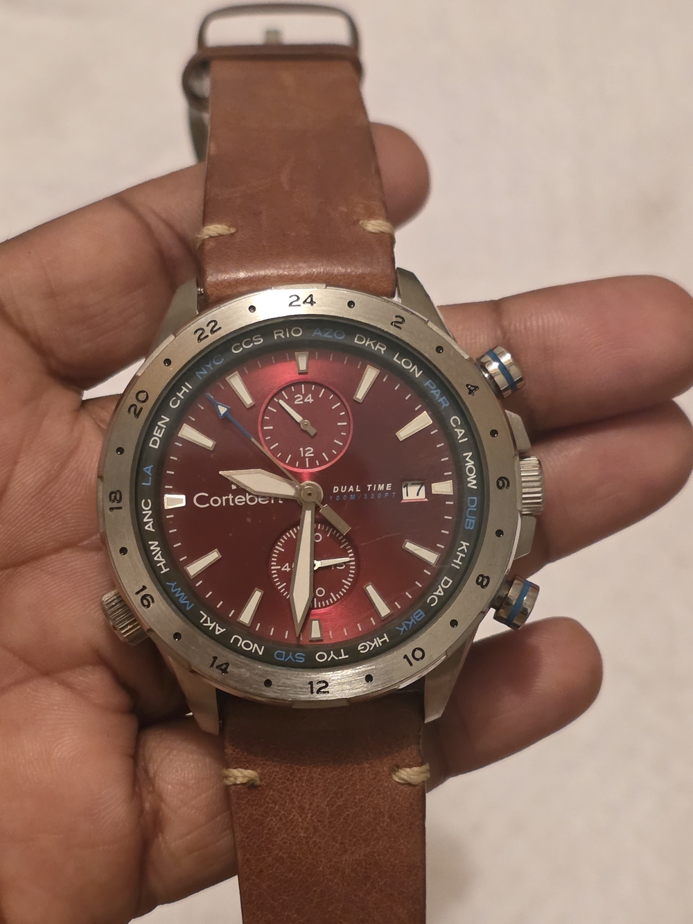 Red Dial Dual-Time Men’s Watch CB 3008 with Brown Leather Strap Need Battery